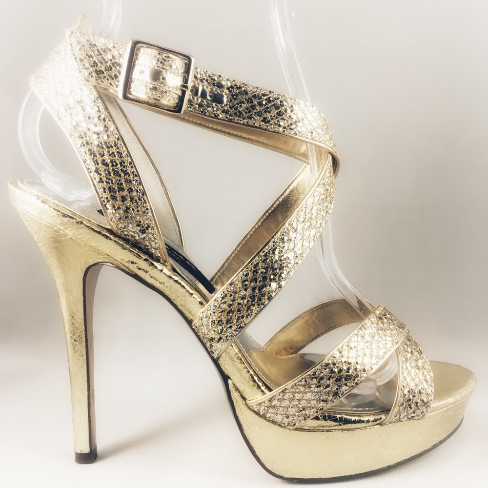 Nina Jacalyn Gold Platform Heels 7 1/2 EUC